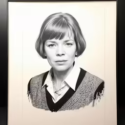 black and white photo of woman in vest with bangs