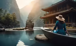 a woman sits on a row boat near a mountain lake