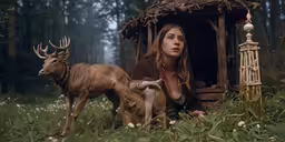 a woman sitting in front of a small animal
