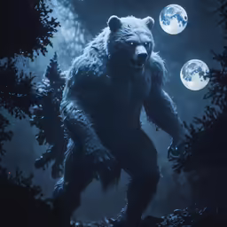 a grizzly bear in the woods with the moon lit
