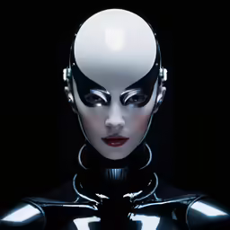 an alien looking woman with dark, futuristic make up and black leather face