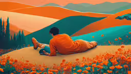the artist is painting the landscape in orange,a man is sitting in the middle of flowers