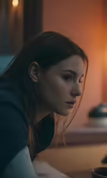 a girl looks down as she rests her head on a bowl