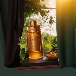 an image of a glass bottle sitting in front of a window