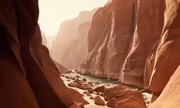 the interior of a narrow canyon surrounded by red rock formations