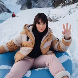 a woman sitting on an inflatable tube on a mountain