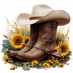 sunflowers and cowboy boots surround a floral arrangement