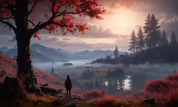 a person walking down a path by a tree at sunset