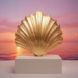 a sea shell on a white pedestal in front of the ocean