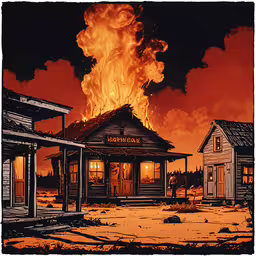 a big fire is burning inside an old building,a burning fire near an old wooden building