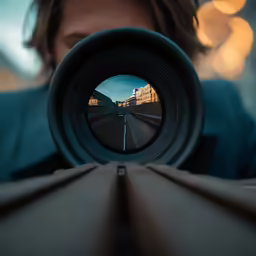 person holding up a camera lens while looking at something