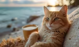 a cat that is next to a coffee cup