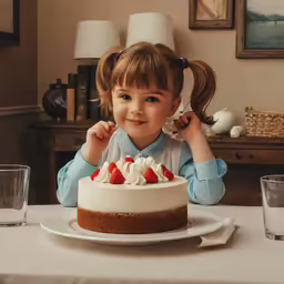 young girl smiling and holding fork up to a cake