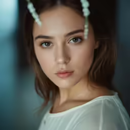a young woman with a floral crown on her head