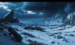 a view of a mountainous valley with snow and rocks