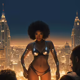 a young woman is posing on top of a skyscraper