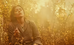 a woman is sitting in the tall grass in prayer