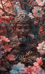 the statue is surrounded by flowers and plants