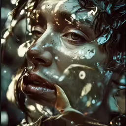 a woman is covered in powder with water and bubbles