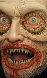 a creepy, evilly ugly looking person with his teeth