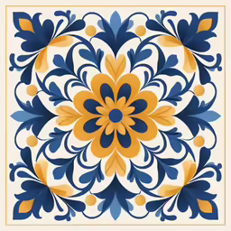 a blue and yellow floral pattern on white tile