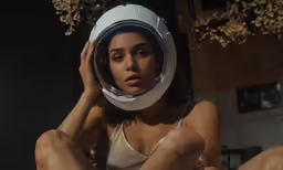 the woman in the white space helmet is posing