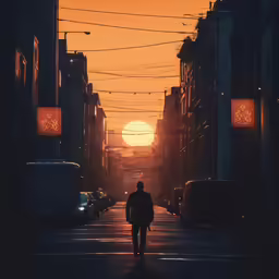 a man walks down a street in an orange and black tone