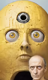man standing next to large face - shaped object with eyeballs