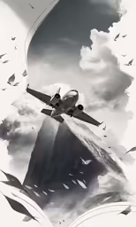 the airplane is flying over the mountain with the open book
