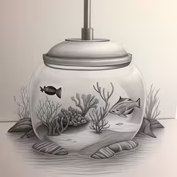 a drawing of fish in a glass fish bowl
