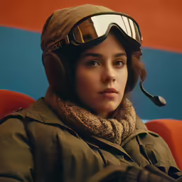 a girl with goggles and a hat sitting in a chair