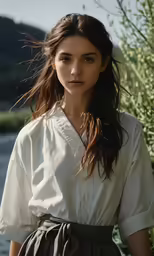 a young woman with brown hair wearing a white blouse