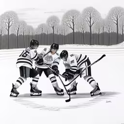a drawing of three hockey players playing on the ice,a painting of three young people playing in ice