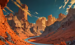 a view looking down a river valley with a very big rock formation in the distance