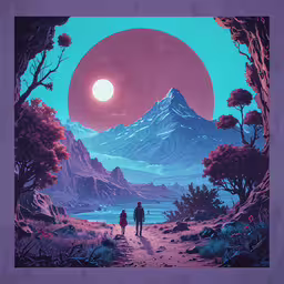 two people standing in front of a colorful sunset,people walking through an alien forest with mountains in the background