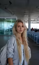 a girl with long blonde hair posing for the camera