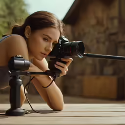 a woman with a camera and a tripod in her hand