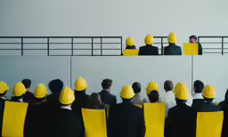 a crowd of people dressed in yellow hats watching something