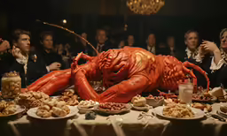 people at a party in front of a giant lobster