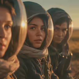 three people with head scarves looking out over the distance
