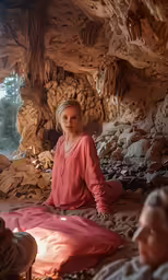 a woman in pink sitting on a pile of rocks