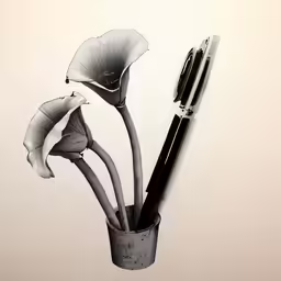 the pen and flowers are in a cup