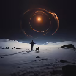the man stands with his dog in the dark of night