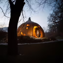 a lit up pumpkin sitting next to trees