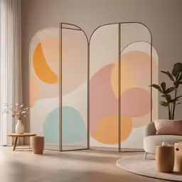 there is a living room with pink and yellow walls