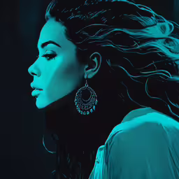 a woman with black hair wearing green earrings,a beautiful young woman with her long hair blowing in the wind