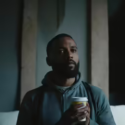 man holding a coffee cup and looking away