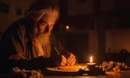 the man is lighting the candle on the plate