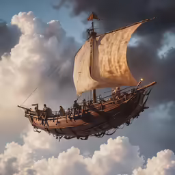 a large boat floating in the middle of the sky