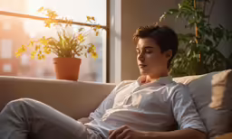 a person sitting down on a couch with his head resting on his leg